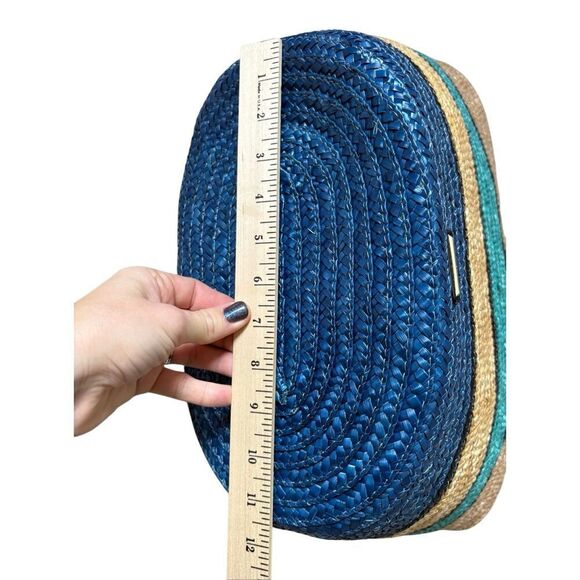 Rebecca Minkoff Woven Straw Tote Shoulder Bag Tan Blue Teal - Picture 8 of 15